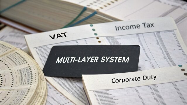 Corporate finance documents showing multi-layer system with VAT, income tax, and corporate duty papers on a neat workspace