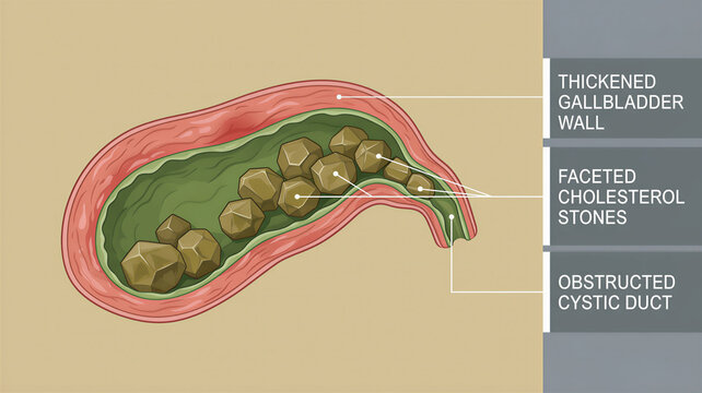 Biliary sac's burden revealing thickened wall and faceted cholesterol stones blocking the duct