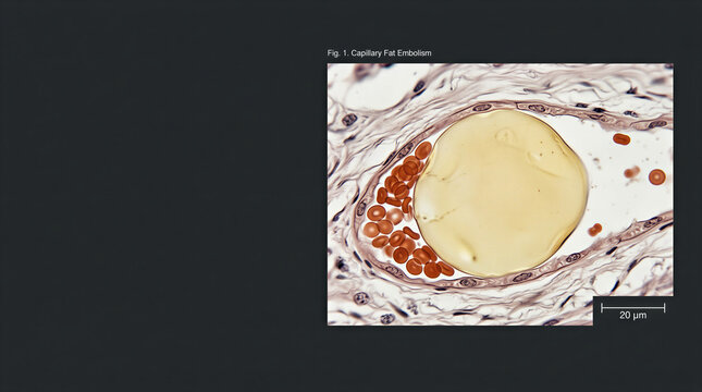 Microscopic view revealing a capillary fat embolism obstructing blood flow within delicate tissue