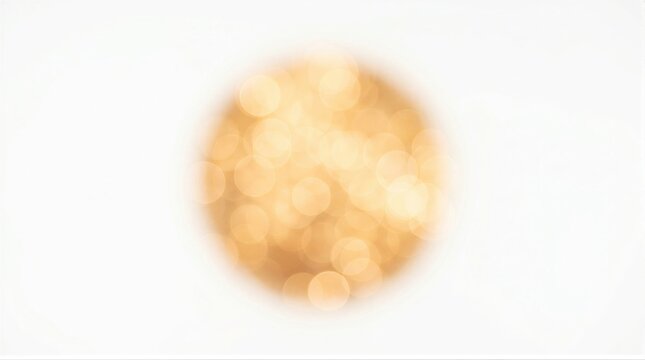 Gold bokeh circle on white background. Abstract light spots and glowing blurred particles. Shiny texture for festive greeting card, celebration backdrop and graphic design element.