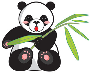 Cute cartoon panda bear eating fresh green bamboo branch illustration with wildlife character illustration friendly creature conservation protected endangered mammalian © Adiba