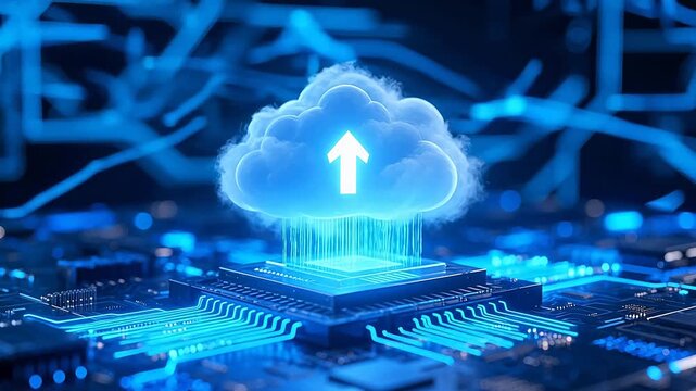 Glowing blue cloud with upload arrow