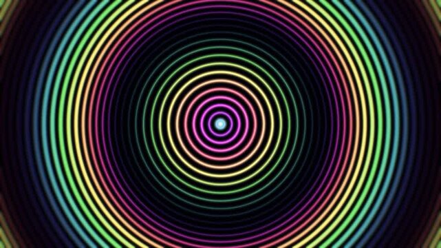 Pulsing Rainbow Concentric Rings Creating Abstract Sound Wave Pattern