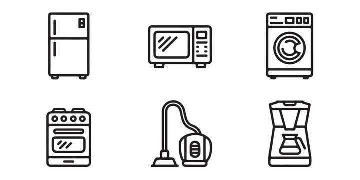 Household Kitchen and Cleaning Appliance Outline Icon Set