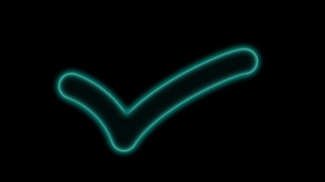 Glowing orange check mark icon with a neon light effect on a dark black background representing success and approval.4k video.