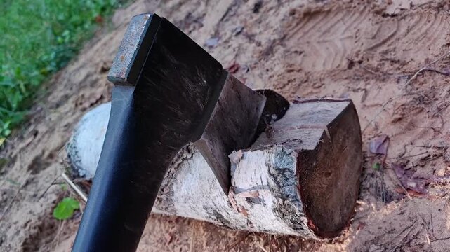 Axe embedded in chopped firewood logs in a forest, timber processing, outdoor woodworking, rustic summer landscape.