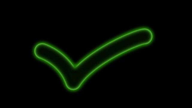 Glowing orange check mark icon with a neon light effect on a dark black background representing success and approval.4k video.