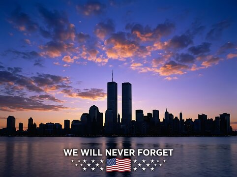 9/11 memorial tribute at sunset with skyline. Patriotic American flag reflection on water honors victims and heroes