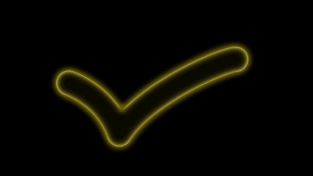 Glowing orange check mark icon with a neon light effect on a dark black background representing success and approval.4k video.