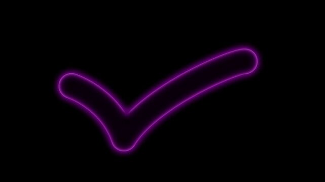 Glowing orange check mark icon with a neon light effect on a dark black background representing success and approval.4k video.