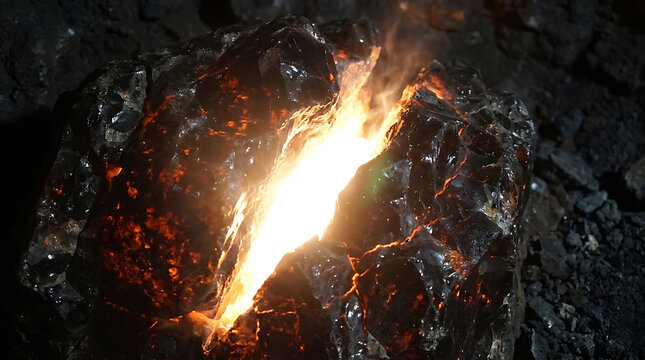 Glowing molten metal flowing through dark hot slag in metallurgy furnace