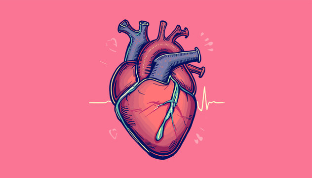 Stylized illustration of a human heart with arteries and veins on a vibrant pink background, depicting a subtle heartbeat line.
