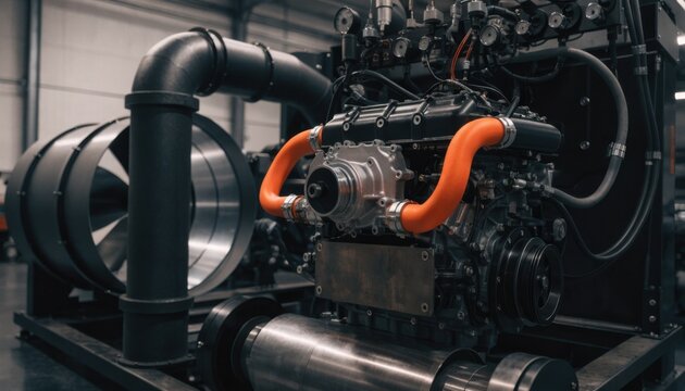 Close medium shot of performance tuning phase engine on dynamometer with instrumentation and exhaust extraction in place emphasizing precision adjustments and power measurement.