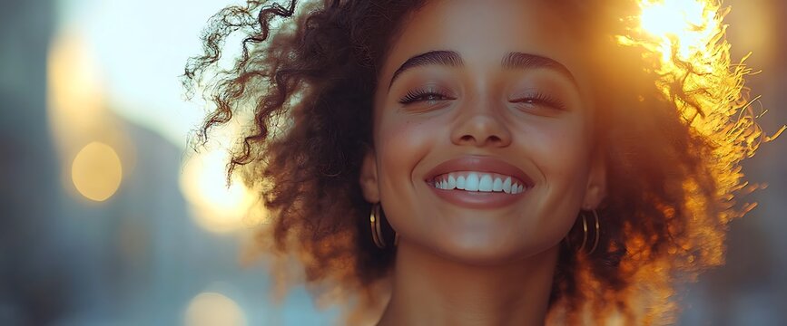 Joyful woman, sunset city bokeh, happy face, outdoor portrait