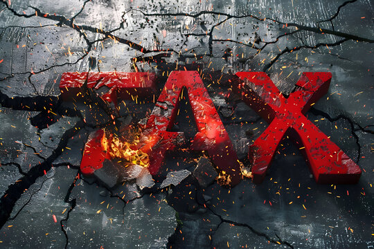 Explosive tax concept with cracked concrete and fiery sparks