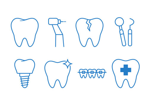 A minimalist set of  line vector icons focused on dental care, oral health, and professional dentistry. Includes symbols for healthy teeth, dental drill, broken tooth, dentist tools, tooth implant.