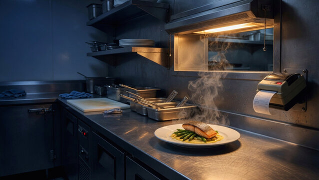 Steaming plate of food on a kitchen counter with green beans and meat