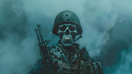 Fototapeta premium Intimidating skeleton soldier in combat gear amidst smoke