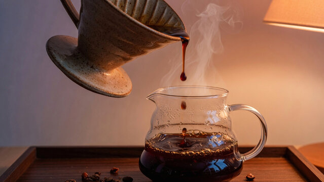 A person pours steaming hot coffee from a filter into a clear glass jug on a wooden tray indoors.