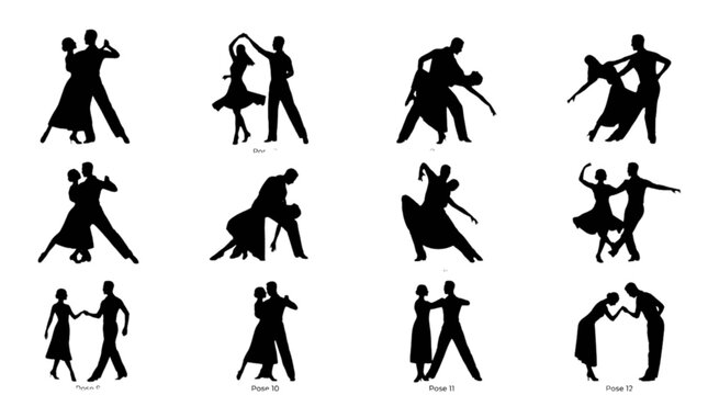 Silhouette people dancing in pairs and groups isolated on transparent background