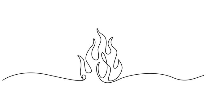 Animated self drawing of  Fire icon in continuous one line drawing with minimalist style design. one line Icon drawing, Continuous one line drawing of a fire flame alongside a standard outline, 4k