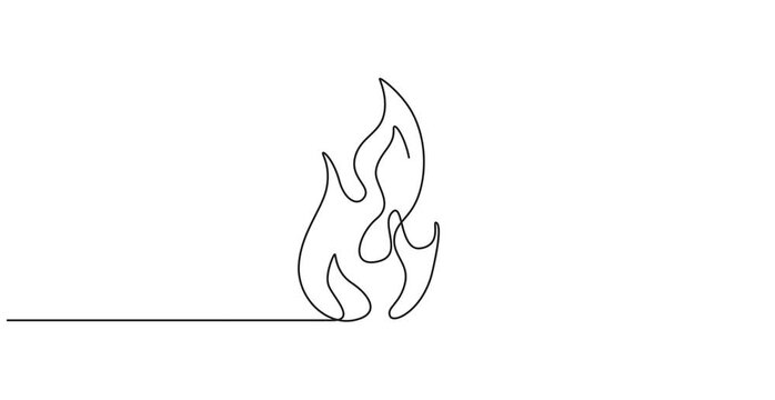 Animated self drawing of  Fire icon in continuous one line drawing with minimalist style design. one line Icon drawing, Continuous one line drawing of a fire flame alongside a standard outline, 4k