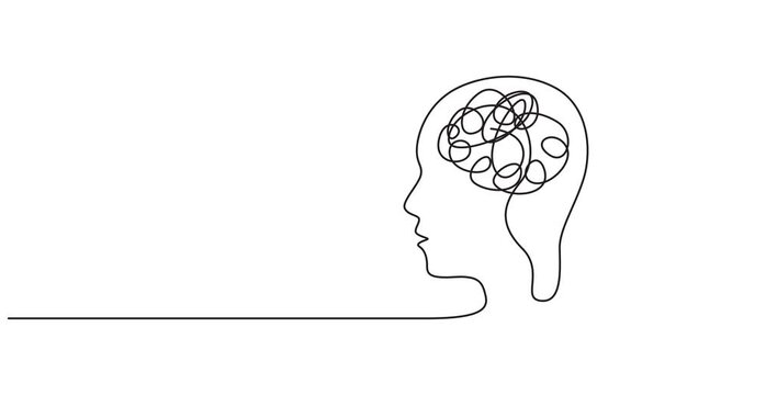 Animated self drawing of  Continuous one-line art anxiety drawing art of stress confusing people because any problem. Video of woman mess feeling with round scribbles instead of a head. 