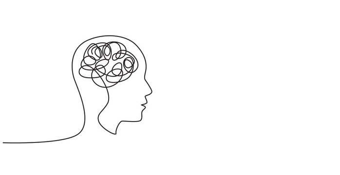 Animated self drawing of Two human heads connected continuous one line drawing, One line art of two human profiles facing each other, with a chaotic brain connecting to a calm, circular brain. video