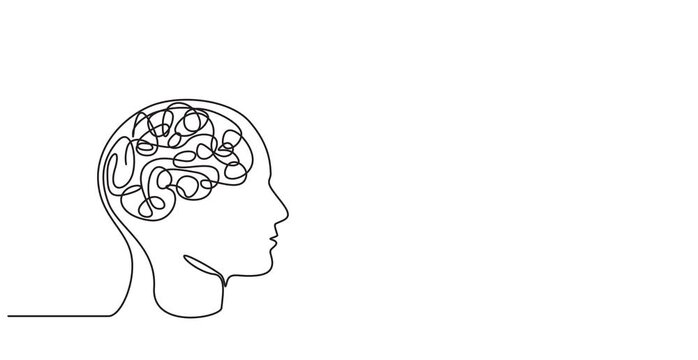 Animated self drawing of  Continuous one line drawing of question mark in human head form, Concept of confused feelings in one continuous line drawing. Human head with question mark video,4k animation