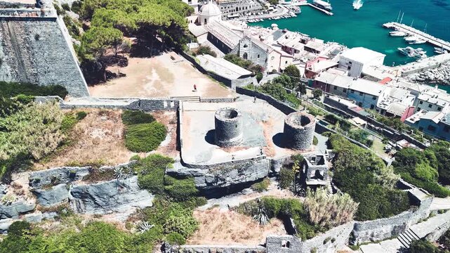 Ancient stone watchtowers in Portovenere overlooking the Ligurian Sea on rocky cliffs