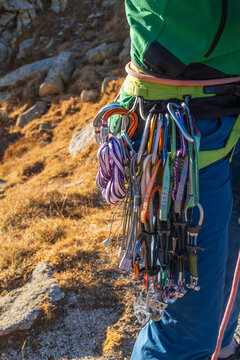 Climbing gear close-up in Aiguestortes Pyrenees