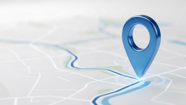 A blue 3d map pointer is centered on a river within a subtle, light-colored map, highlighting a specific point with a glowing circle, representing precise location or navigation.