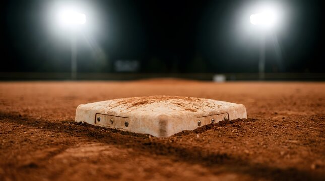 Close Up First Base Plate on Dirt Infield at Night