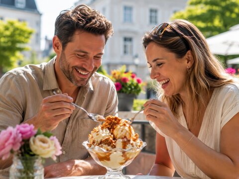 Paar mit Krokantbecher im Sommersonnenschein &ndash; Gl&uuml;ckliches Paar teilt sich im Caf&eacute; einen knusprigen Eisbecher mit Karamellsauce, Sahne und Krokantst&uuml;ckchen.