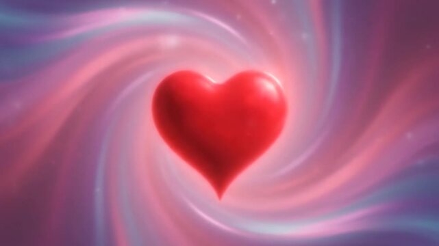 A glowing red heart floats in a swirling abstract light vortex