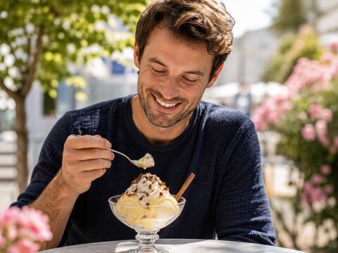 Mann mit Eierlik&ouml;rbecher im Freien &ndash; Entspanntes Portr&auml;t eines l&auml;chelnden Mannes, der einen cremigen Eisbecher mit Eierlik&ouml;r, Sahne und Schokoraspeln genie&szlig;t.