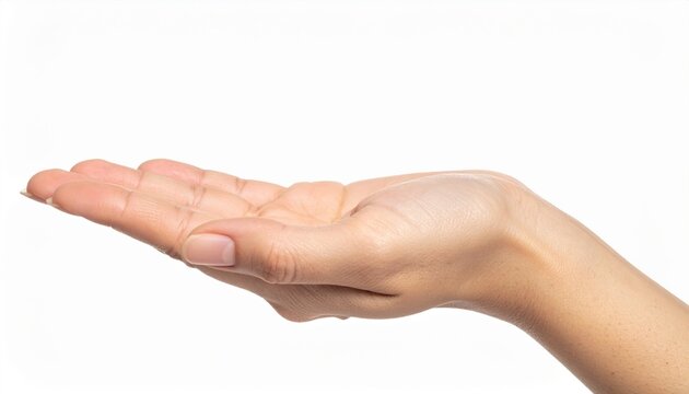 A close-up photograph of a woman hand cleanly extended horizontally as if holding or supporting an invisible product, isolated on white.