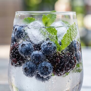 Refreshing Berry Cocktail. Chilled sparkling water with fresh blueberries, blackberries, and mint leaves, summer refreshment for healthy lifestyle and hydration.