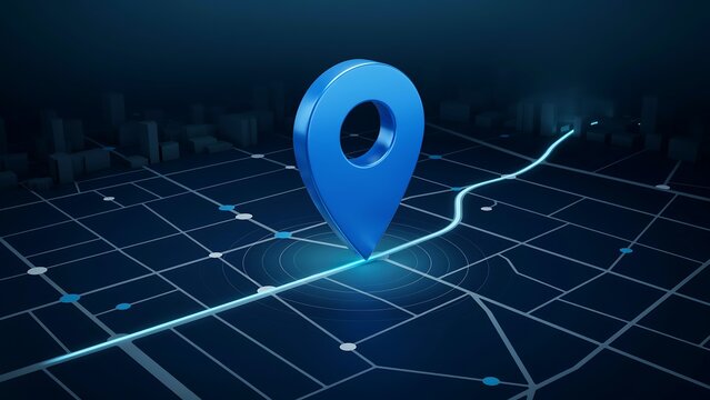 Blue location pin marking a specific spot on a digital map with glowing path illustrating navigation and route planning.