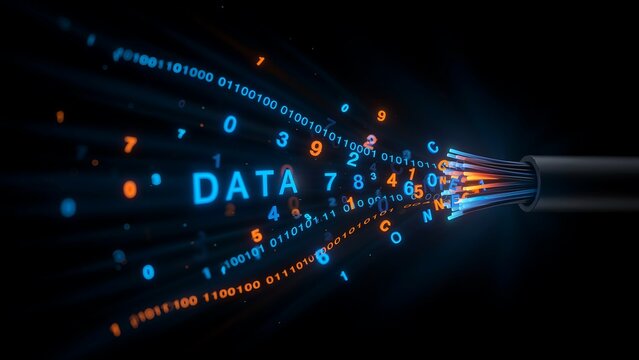 Abstract fiber optic cable transmitting digital binary data and numbers for high speed internet connection concept in futuristic dark technology background with glowing light rays.