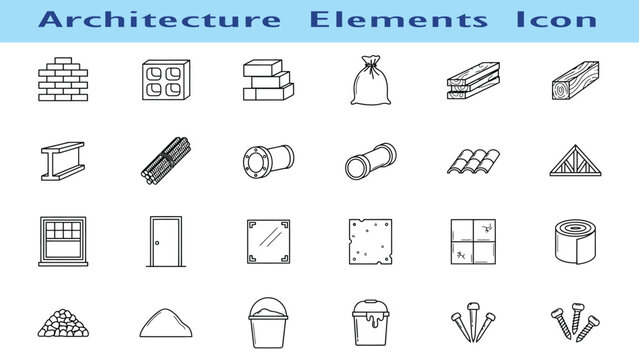 Architecture elements icons set including brick wall blocks cement bag wood beam pile of stones sand pile bucket nails screws  construction and building materials