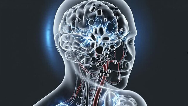 3D Conceptual Human Anatomy Illustration of Lead Neurotoxicity with Emphasis on Neural Pathways and Electric Impulses Against Dark Background