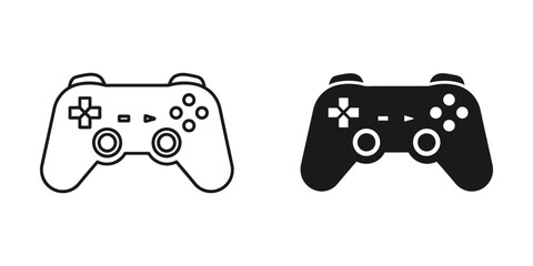 Outline and solid black video game controller icons on a white background symbolizing digital entertainment and gaming technology © ELIACH