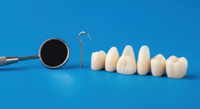 Dental mouth mirror and metal explorer tool placed next to a row of white ceramic dental teeth crowns on a solid bright blue background