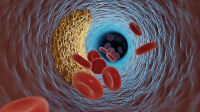 Red blood cells flowing through a narrow constricted human artery