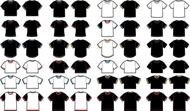 T Shirt Template Collection with Black and White Designs, Colorful Collar and Sleeve Accents, Front and Back Views for Apparel Mockups