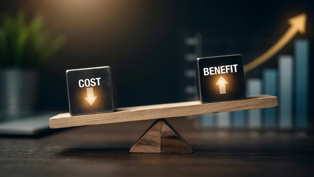 Cost and benefit conceptual illustration showing financial balance where expense is going down while profit is moving up as represented by wooden scale and glowing business metrics blocks.