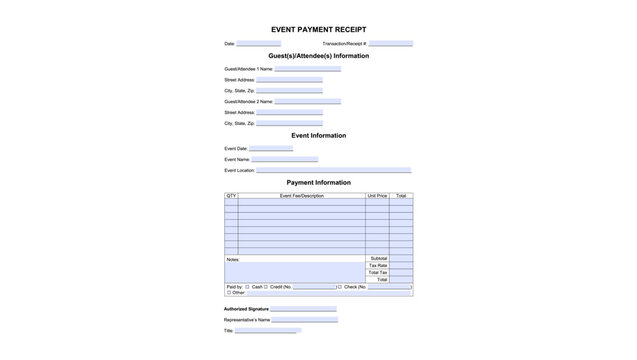Event Payment Receipt fillable form, color vector illustration