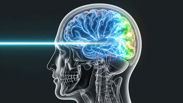 3D Transparent Brain Scan Illustrating Neural Activity for Concussion Recovery in Medical and Digital Health Context