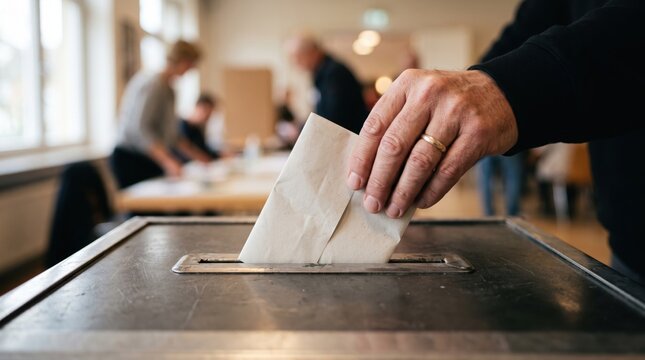 Casting Vote: A hand with a wedding ring carefully places a ballot into a voting booth, symbolizing democratic participation and civic duty.